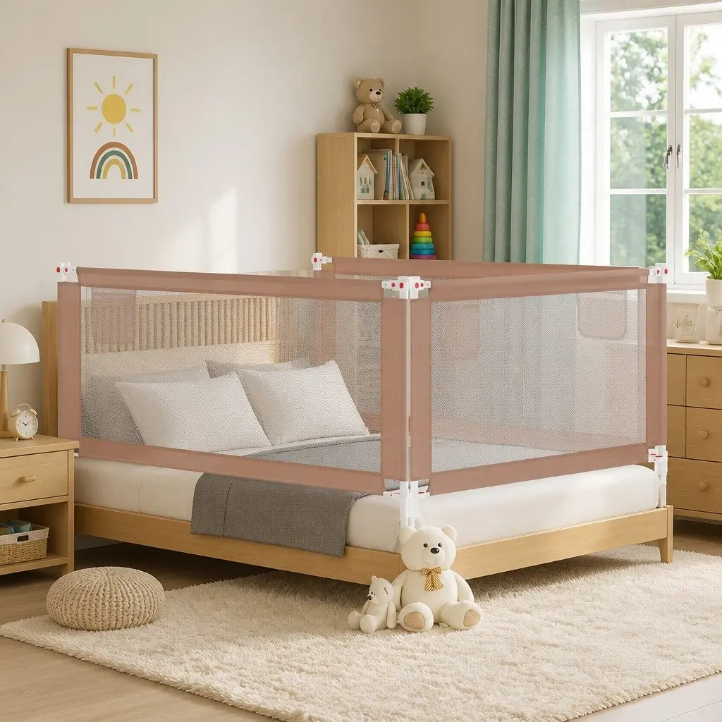 Toddler Bed Guard Adjustable Height 180x25cm Polyester Fabric Metal Tube Taupe