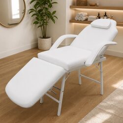 Portable Facial Treatment Chair White Faux Leather Salon Massage Bed Adjustable
