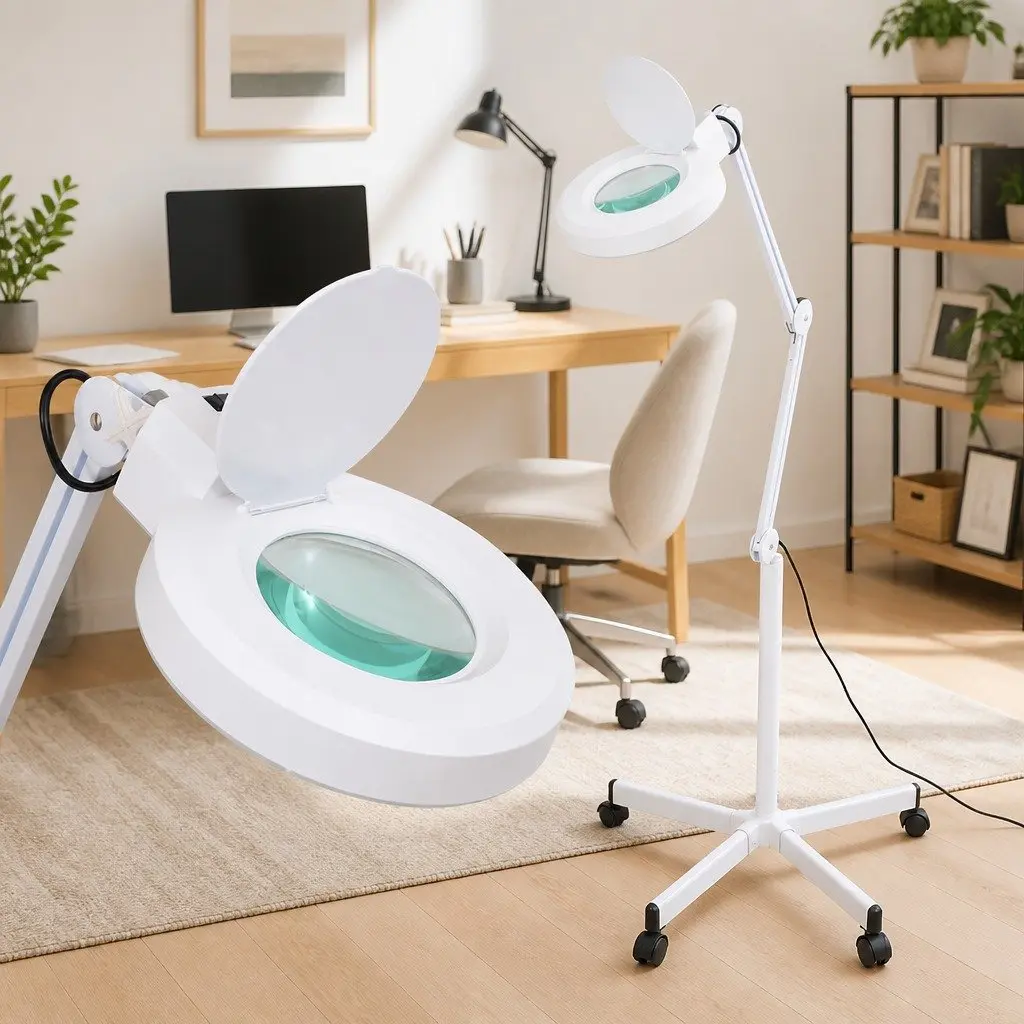 Adjustable White Standing Magnifying Lamp 5 Dioptres with LED Ring Light for Salon and Spa Use