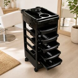 Hair Salon Trolley with Wheels Five Drawers Organizer Beauty Storage Cart Black