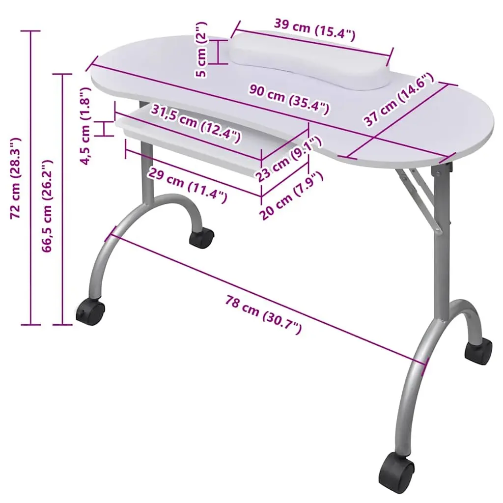 Folding Manicure Nail Table Steel White Portable with Wrist Cushion and Lockable Castors