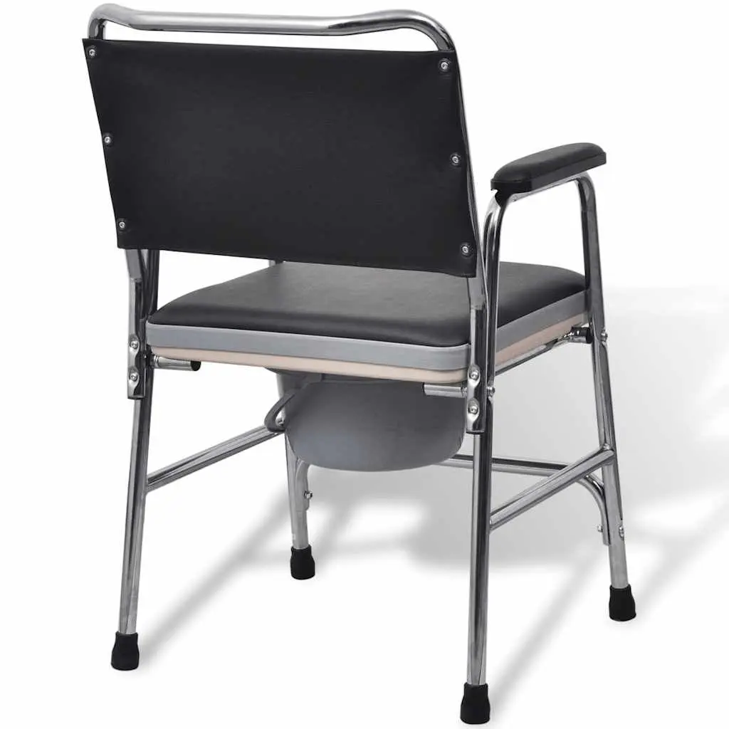 Commode Chair Steel Black with Padded Backrest and Armrests for Elderly Mobility