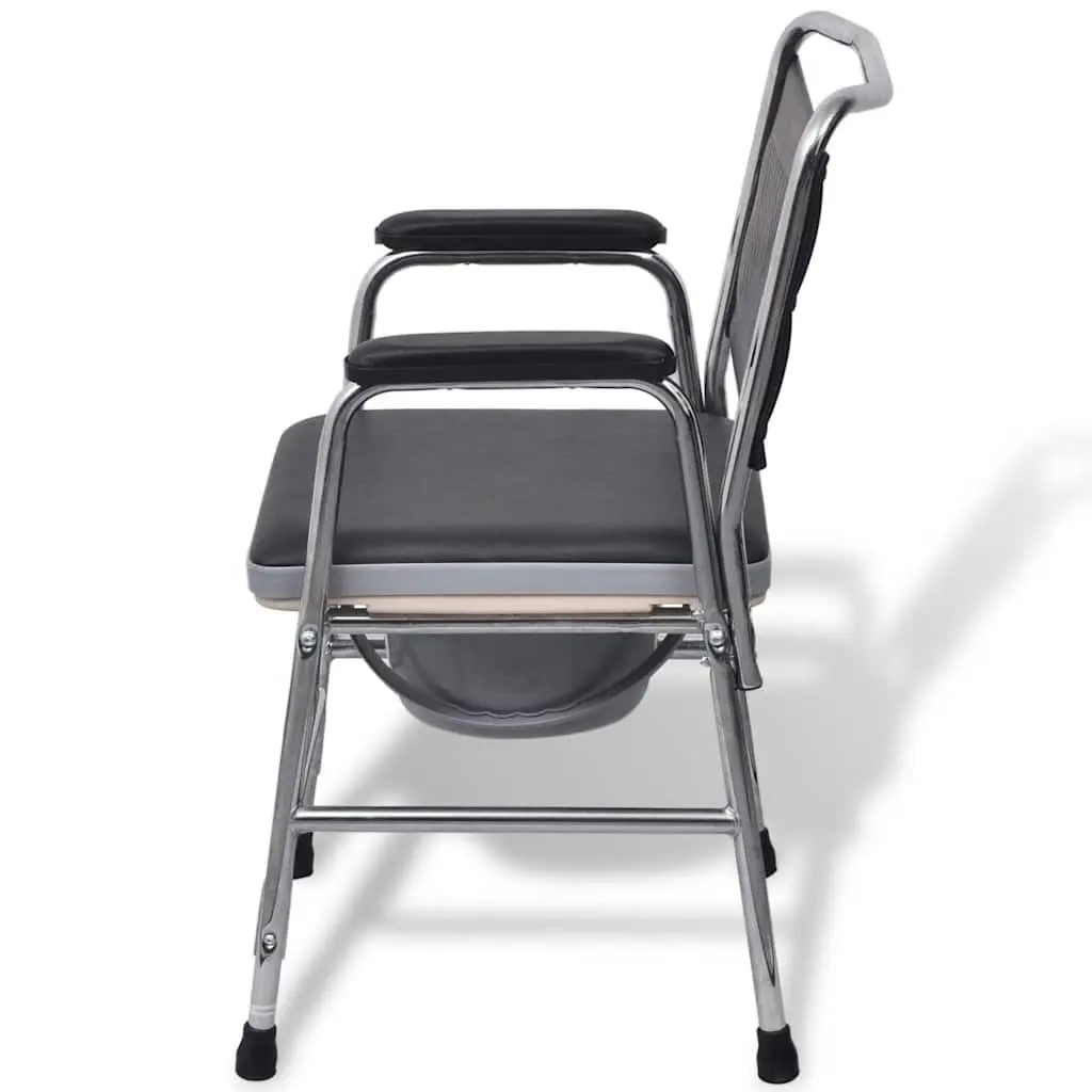 Commode Chair Steel Black with Padded Backrest and Armrests for Elderly Mobility
