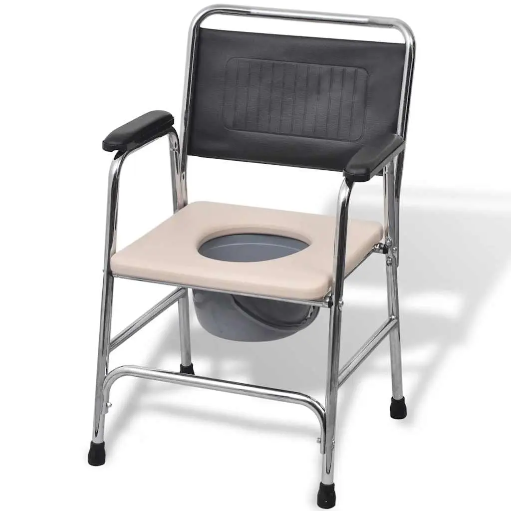 Commode Chair Steel Black with Padded Backrest and Armrests for Elderly Mobility