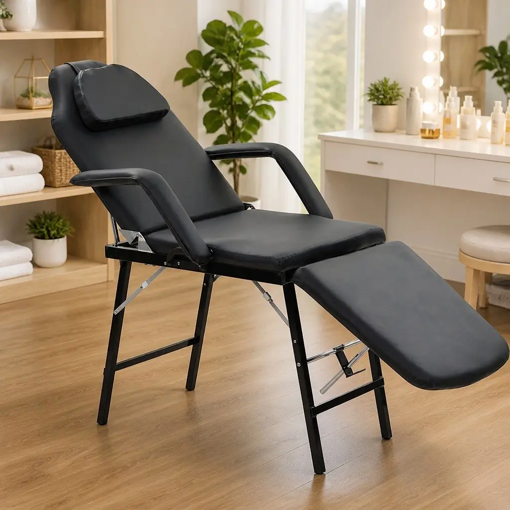Portable Facial Treatment Chair Steel Wood Black Faux Leather Reclining Massage Bed