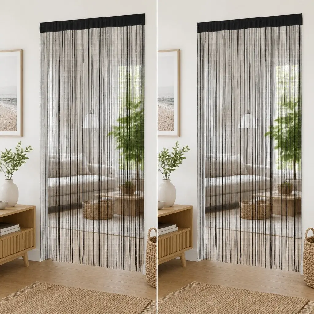 Black String Curtains 2 pcs for Home Use 100x250 cm