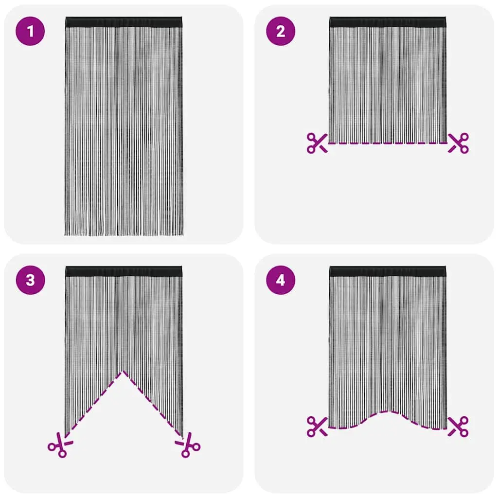 String Curtains Black Polyester 100x250cm Tunnel Top Room Divider Décor Panel 2 Pieces