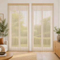 String Curtains 2 pcs 140x250 cm Beige Window Door Room Divider Drapes