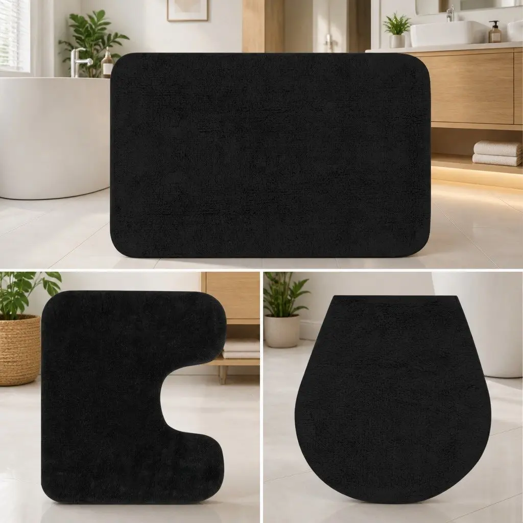 Bathroom Mat Set Cotton 3 Pieces Anthracite Non-Slip Bath Rug Pedestal Toilet