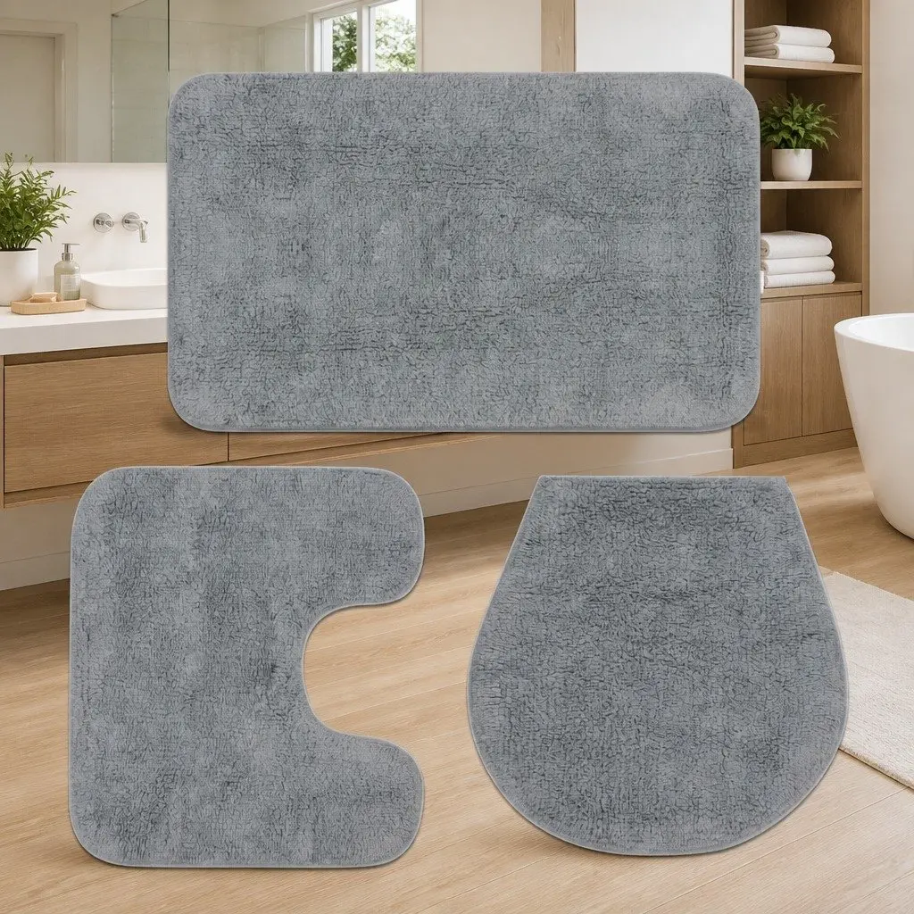 Grey Cotton 3 Piece Bathroom Mat Set Bath Mat Pedestal Mat Toilet Lid Cover