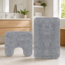 Bathroom Mat Set 2 Pieces Grey Bath Pedestal Non-Slip Water Absorbent Floor Rug