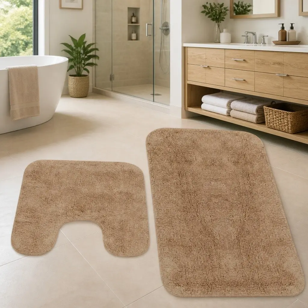 Bathroom Mat Set Cotton 2 Pieces Non-Slip Bath Floor Pedestal Rugs Beige