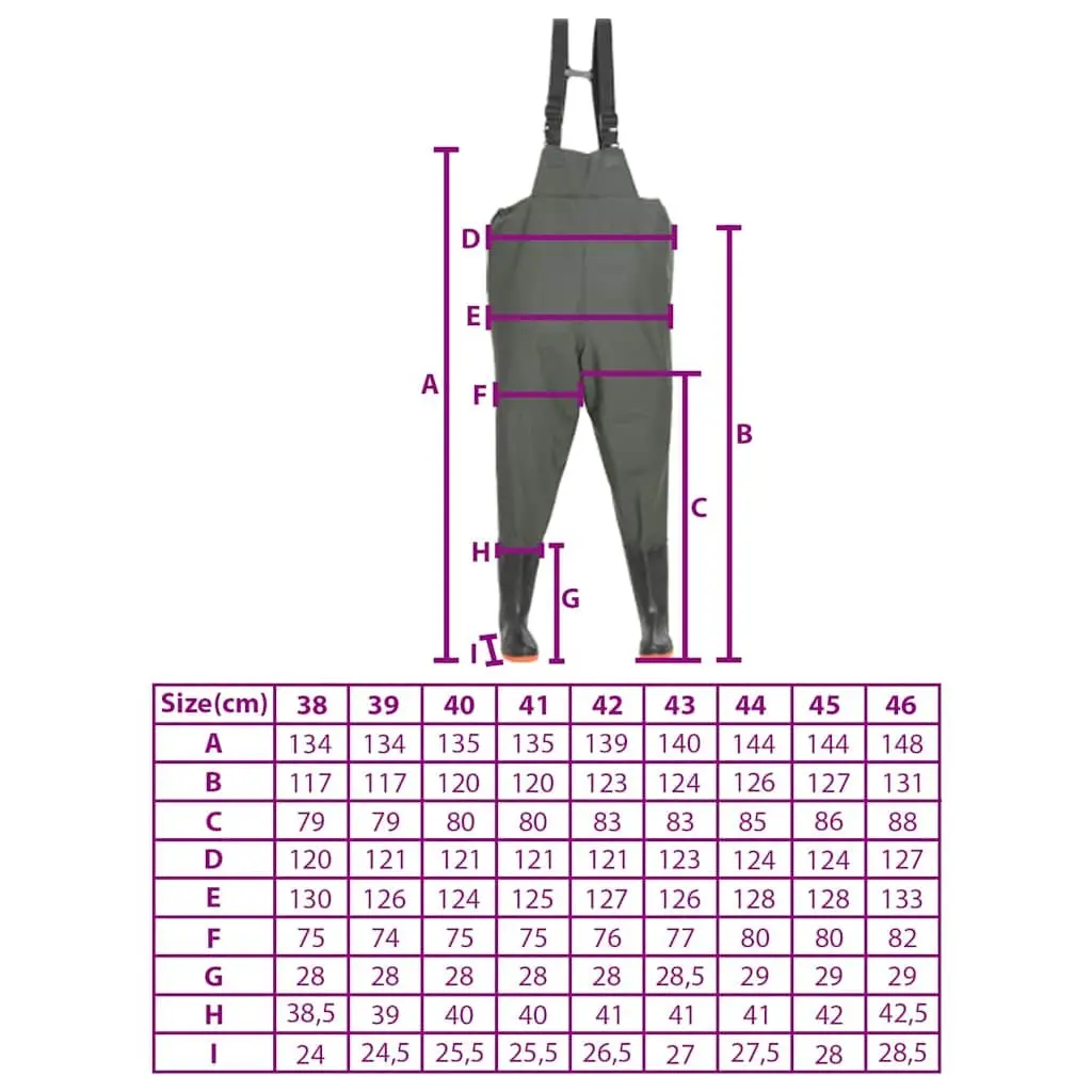 Fishing Waders Chest Wading Pants Green Waterproof Size 44 with Attached Boots Coated Polyester Construction