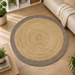 Round Jute Rug with Grey Border, Ideal for Cozy Spaces