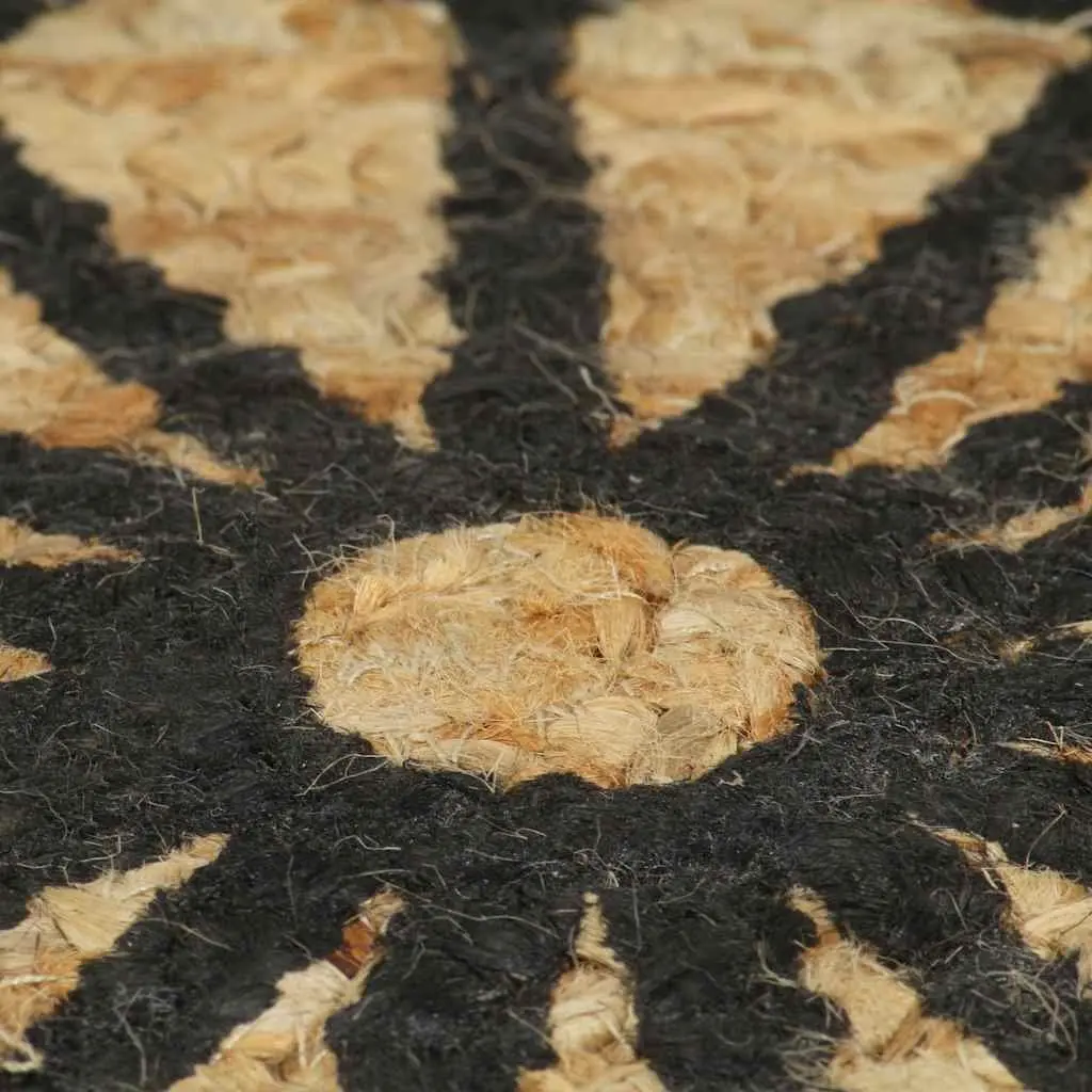 Jute Area Rug Round 120cm Black Floral Print Handmade Natural Fiber Home Decor