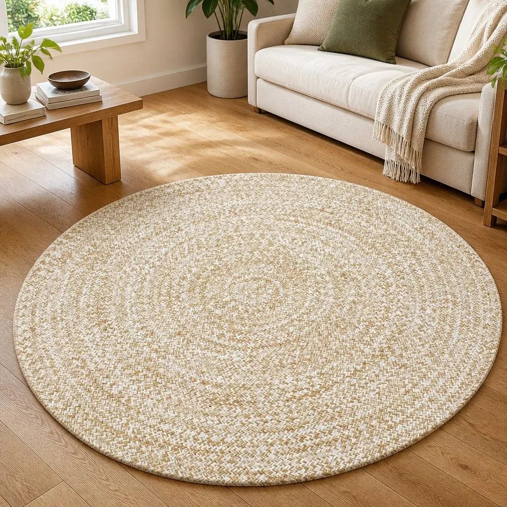 Handmade Braided Jute Area Rug White Natural Round Woven Carpet Home Decor