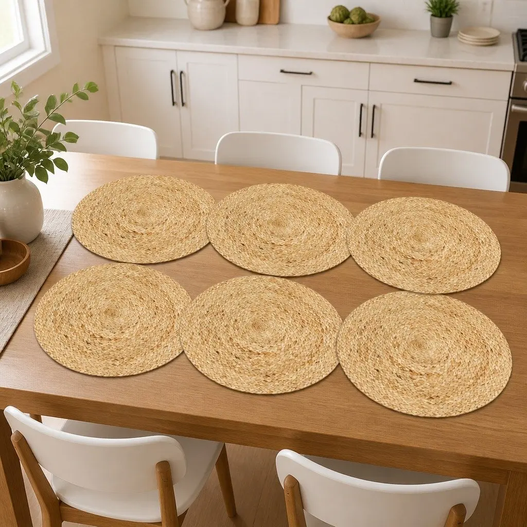 Round Jute Placemats Handwoven 38 cm Brown Set of 6