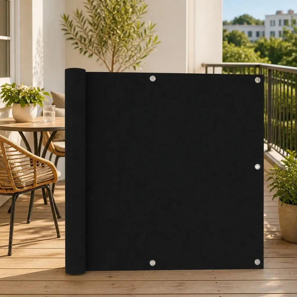 Balcony Screen PU Coated Oxford Fabric 90x500cm Black Outdoor Privacy Shade Waterproof