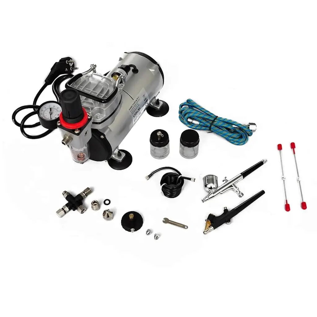 Airbrush Compressor Set Oil-Free Piston Mini Kit with Dual Spray Guns and Accessories