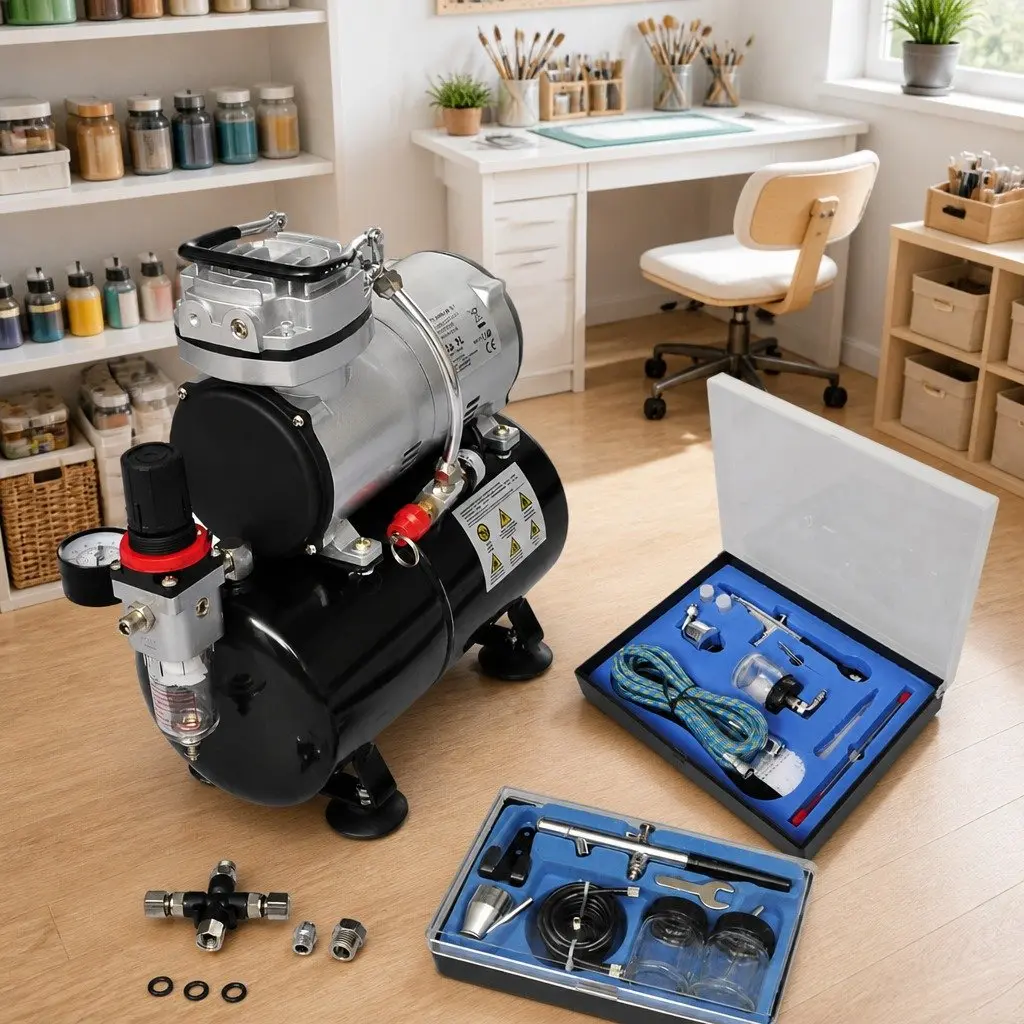 Airbrush Compressor Set with 2 Spray Guns Portable Mini Piston Tank Accessories