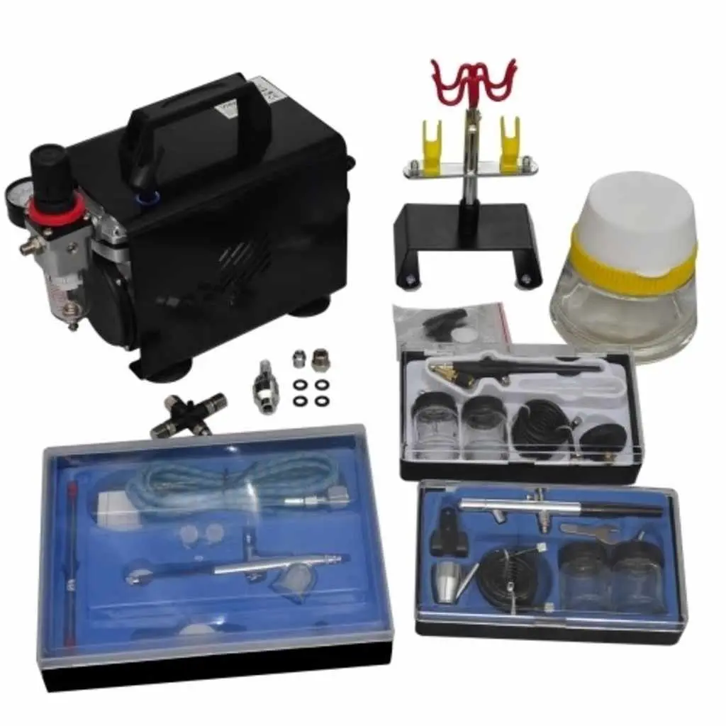 Airbrush Compressor Set Mini Piston Art Craft Hobby 255x135x220mm with 3 Spray Guns and Accessories