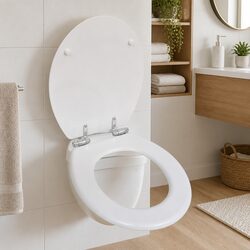 White Toilet Seat Soft Close Lid MDF Durable Chrome-Zinc Hinges Adjustable