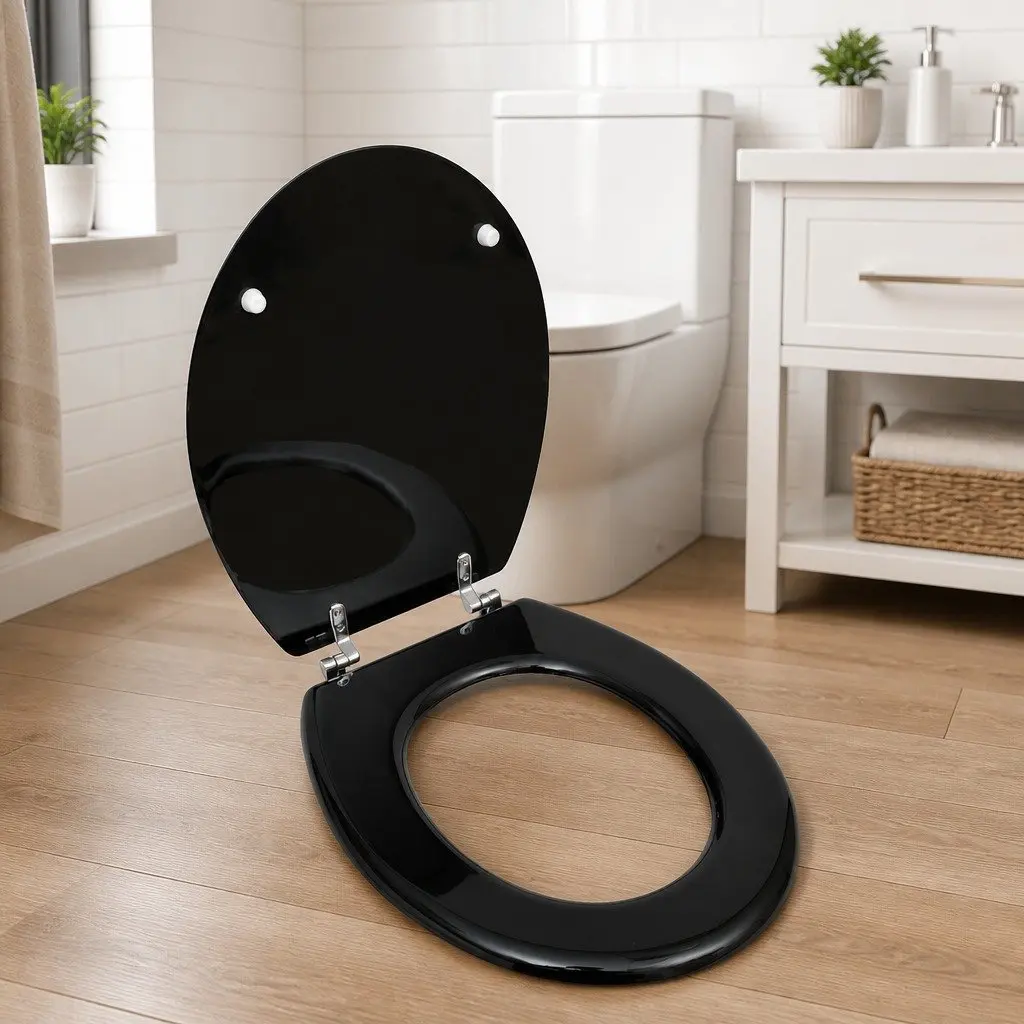 MDF Toilet Seat Universal Black Durable Hinges Adjustable for Bathroom Fixture