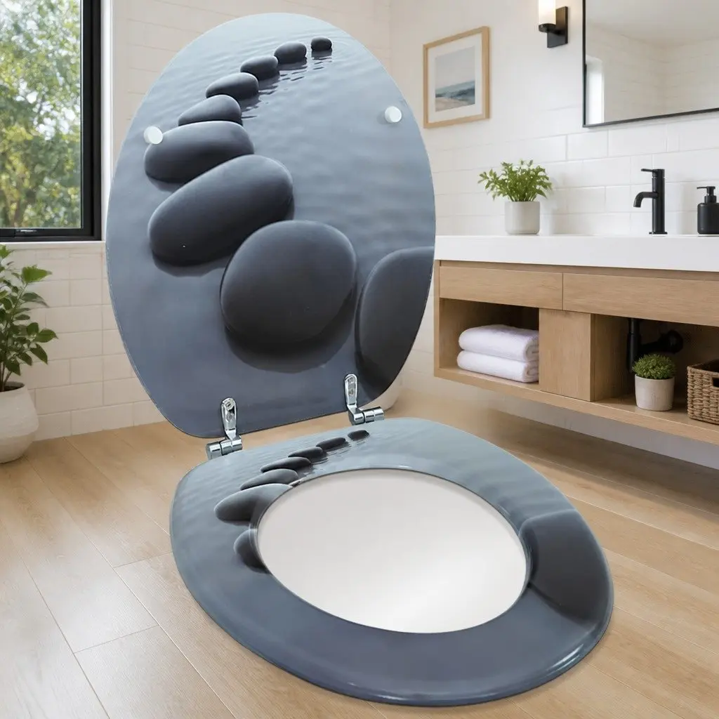 Toilet Seat MDF Grey with Adjustable Hinges for Standard Bowls Easy Install