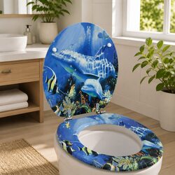 Toilet Seat with Lid Blue Dolphins Design MDF Adjustable Hinges Easy Install