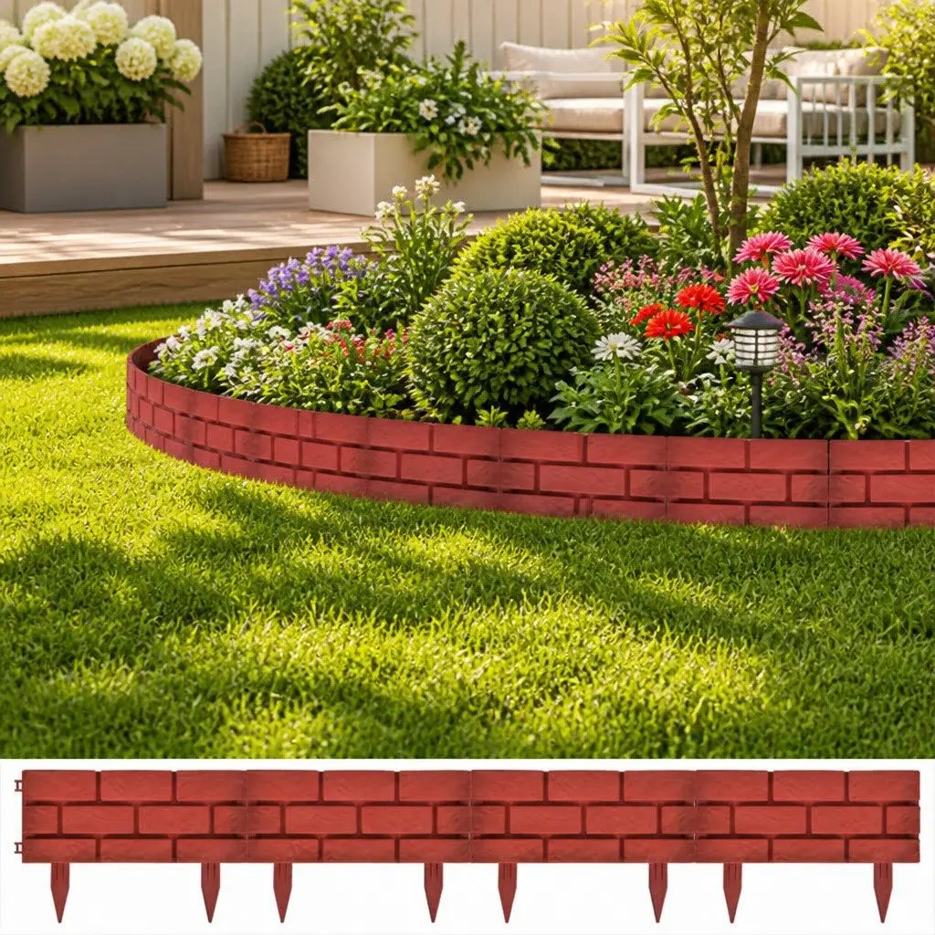 Garden Lawn Divider Edging Border Red Polypropylene 11 Piece 45 cm Long 17.5 cm High