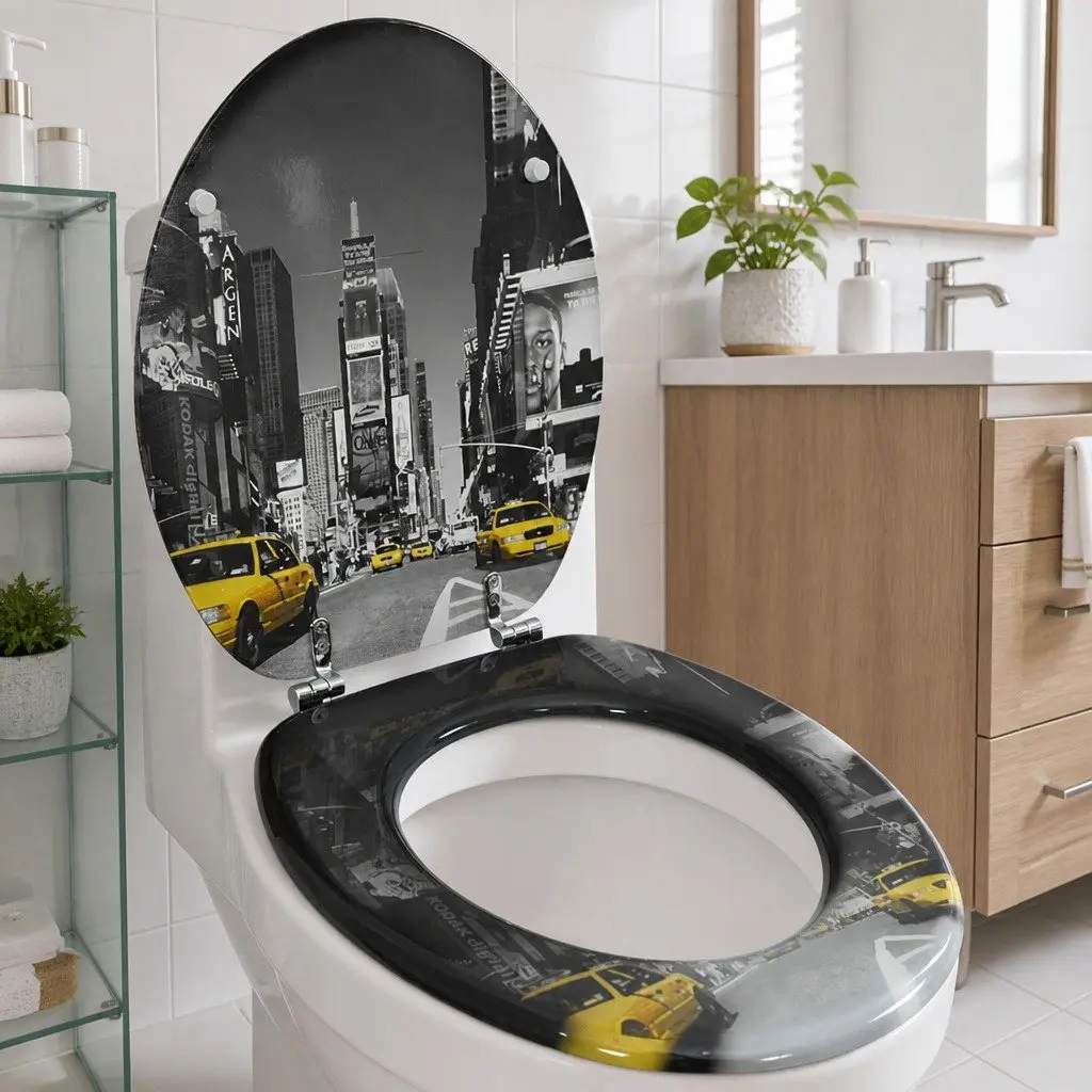 Toilet Seat MDF Multicolour Hard Close Lid Adjustable Hinge