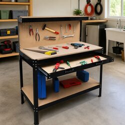 Steel Workbench Brown Pegboard Hooks Drawer Storage Work Table Garage Tool Bench
