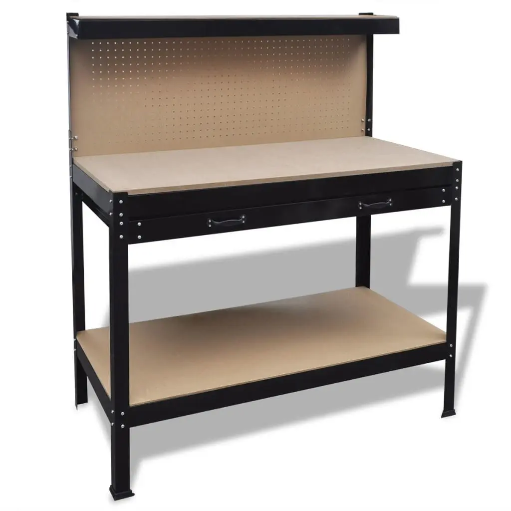 Brown Steel Workbench with Pegboard Hooks and Drawer Storage for Tool Organization in Garage