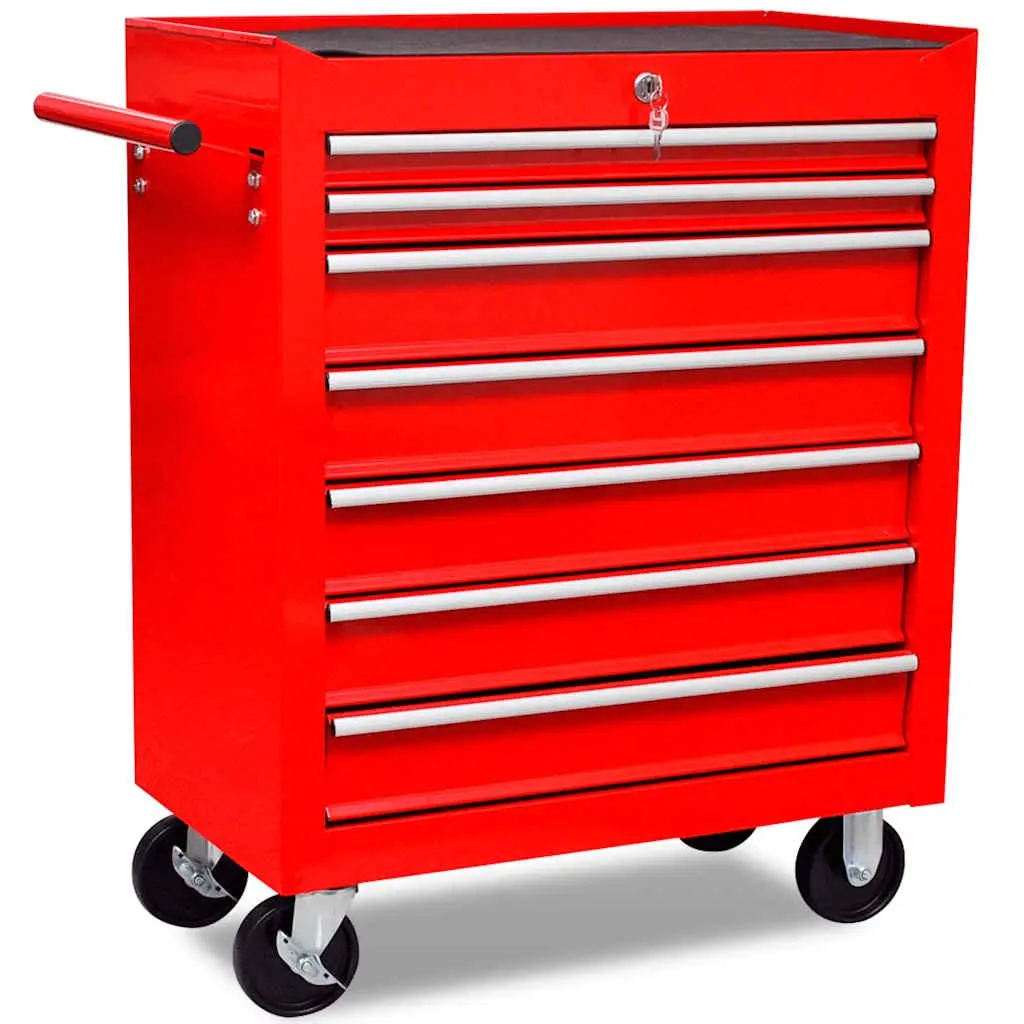 Red Tool Trolley Lockable 7 Sliding Drawers Workshop Storage Organizer Metal