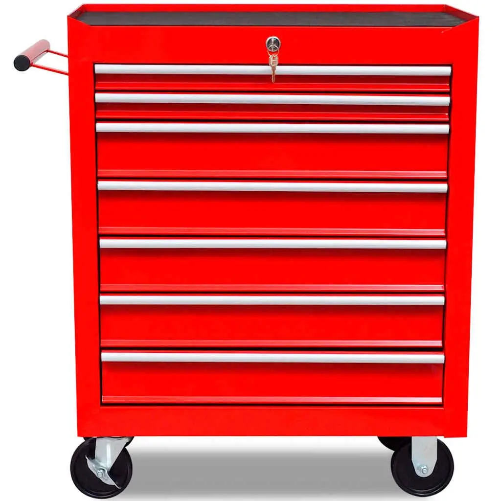 Red Tool Trolley Lockable 7 Sliding Drawers Workshop Storage Organizer Metal