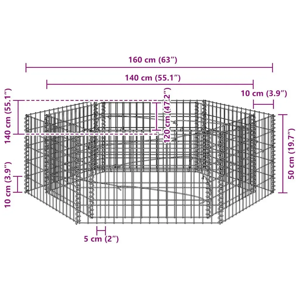 Hexagonal Gabion Raised Bed Garden Planter Silver Galvanised Steel 160 x 140 x 50 cm