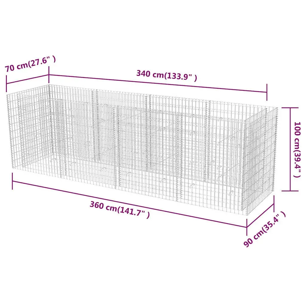 Gabion Raised Bed Garden Planter Steel Galvanised Silver 360x90x100 cm Border