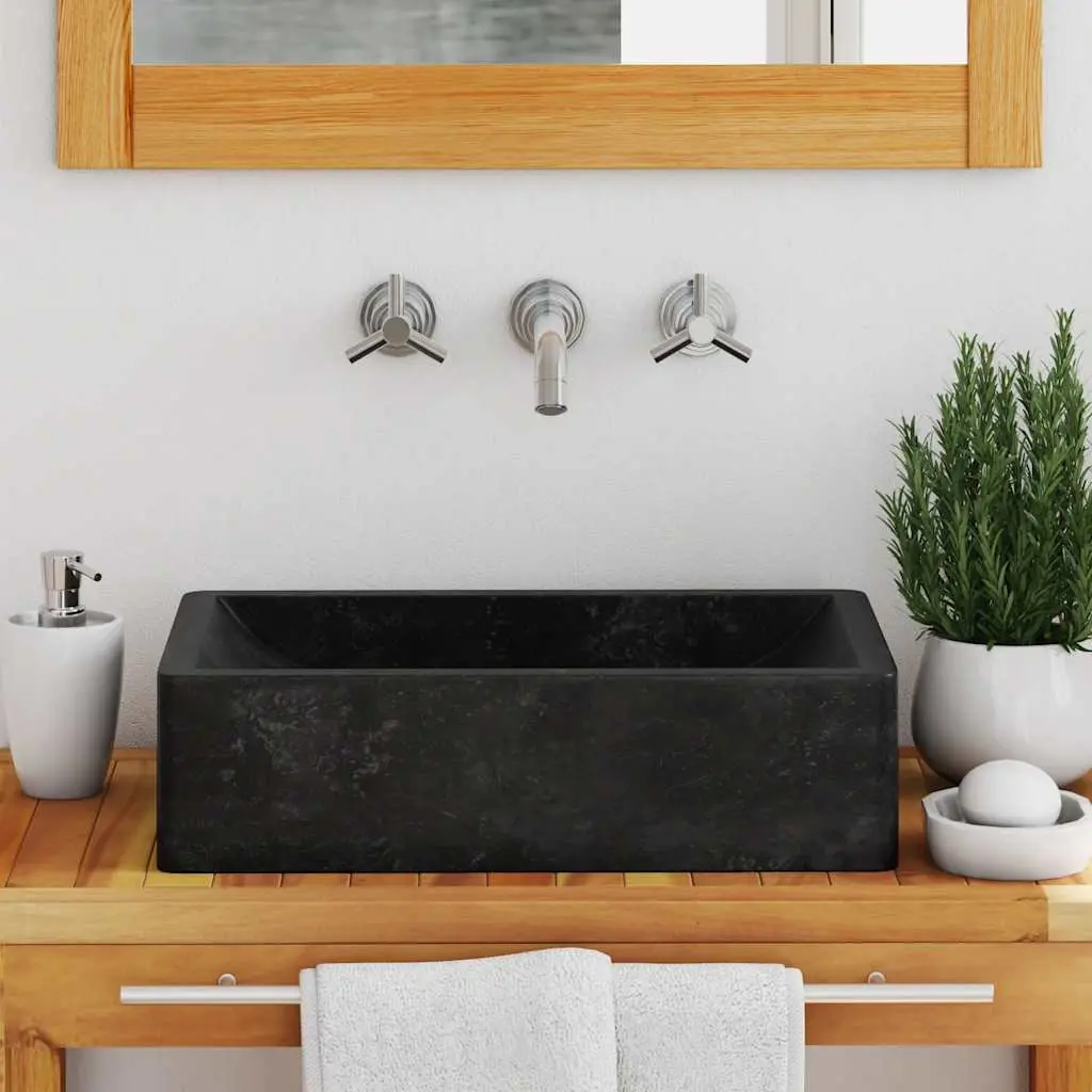 Bathroom Sink Handmade Natural River Stone Rectangular 45x30x12 cm Black High Gloss