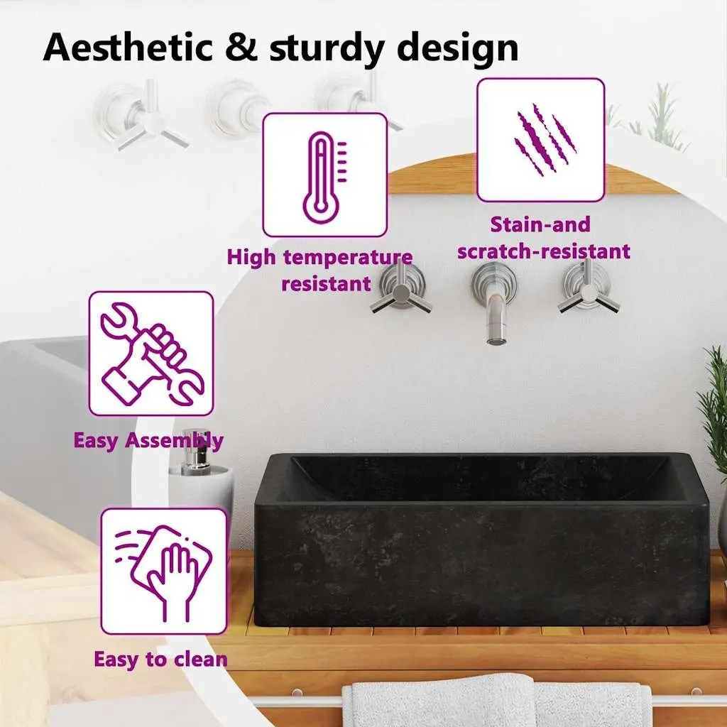 Bathroom Sink Handmade Natural River Stone Rectangular 45x30x12 cm Black High Gloss