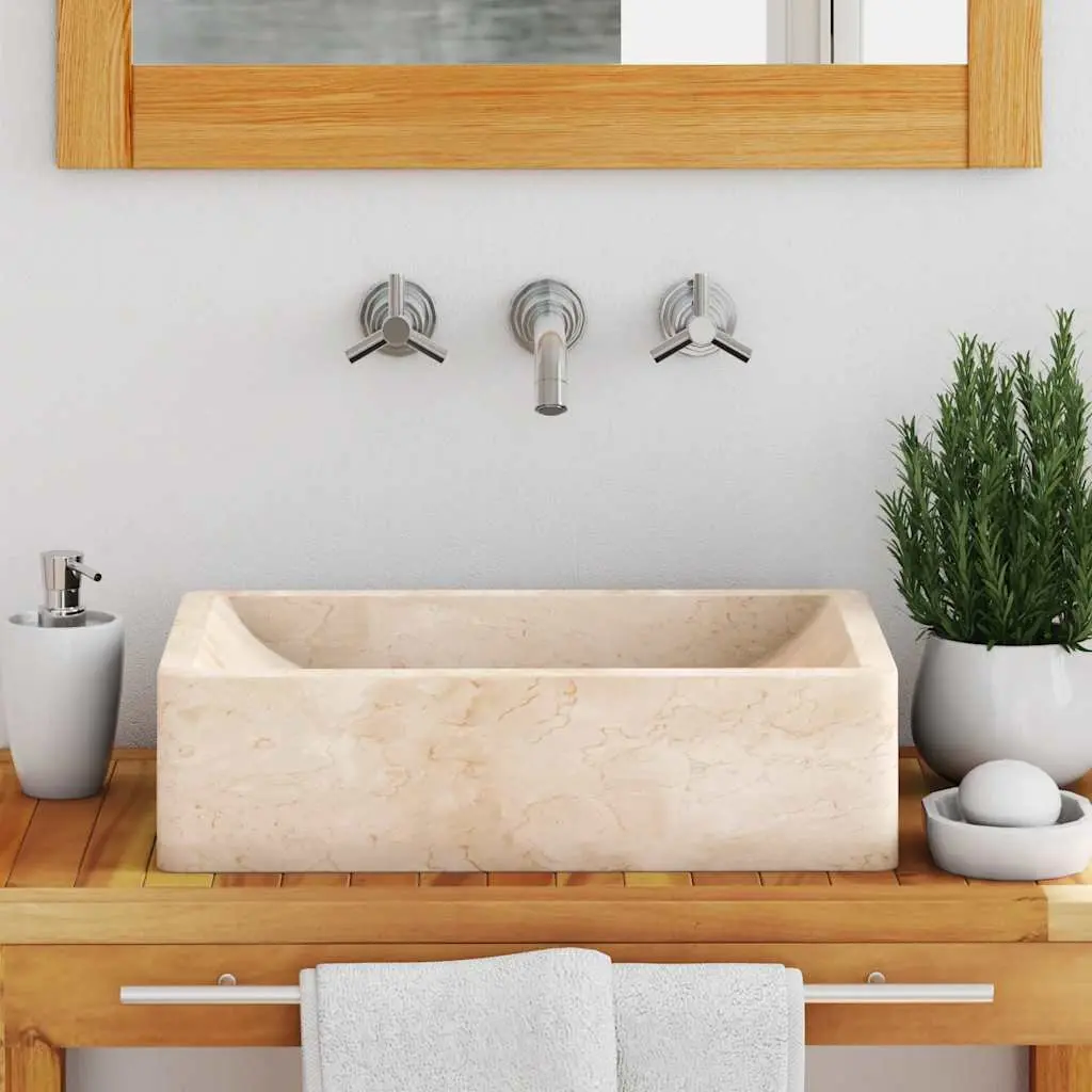 Bathroom Basin Sink Natural River Stone Rectangular 45x30x12cm Cream