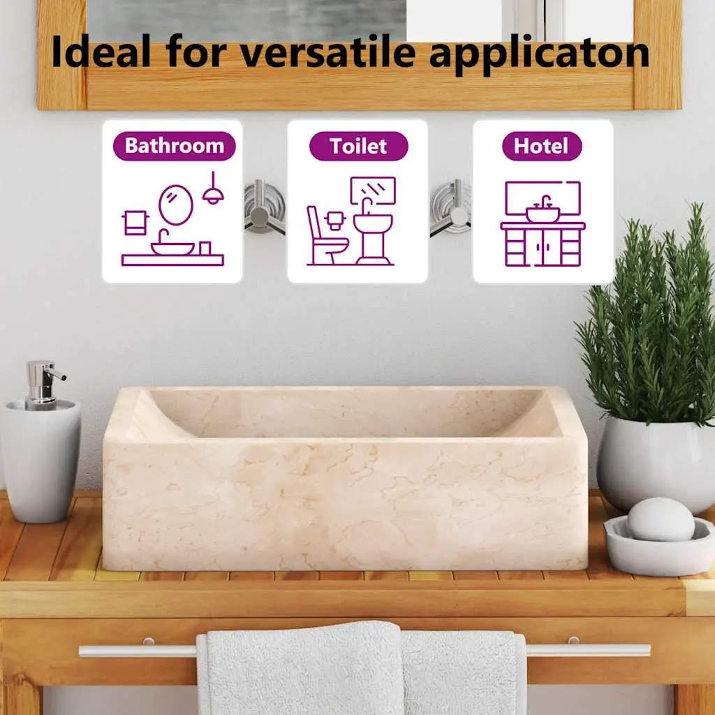 Bathroom Basin Sink Natural River Stone Rectangular 45x30x12cm Cream
