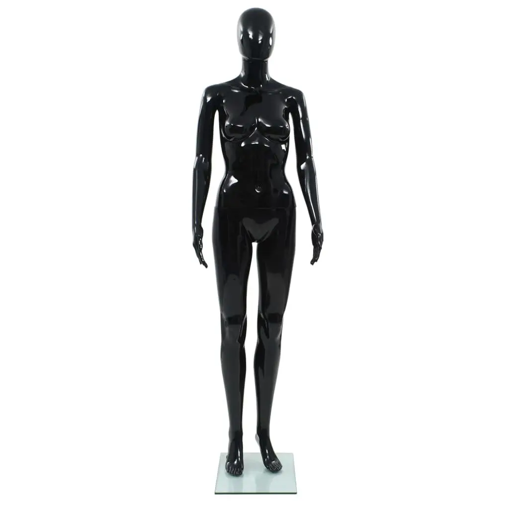 Female Mannequin Full Body 175cm Black Glossy with Glass Base and Aluminium Stand Retail Display