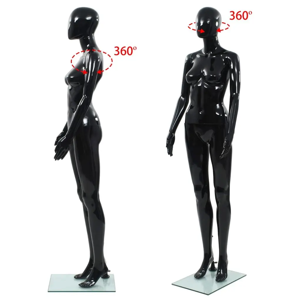 Female Mannequin Full Body 175cm Black Glossy with Glass Base and Aluminium Stand Retail Display