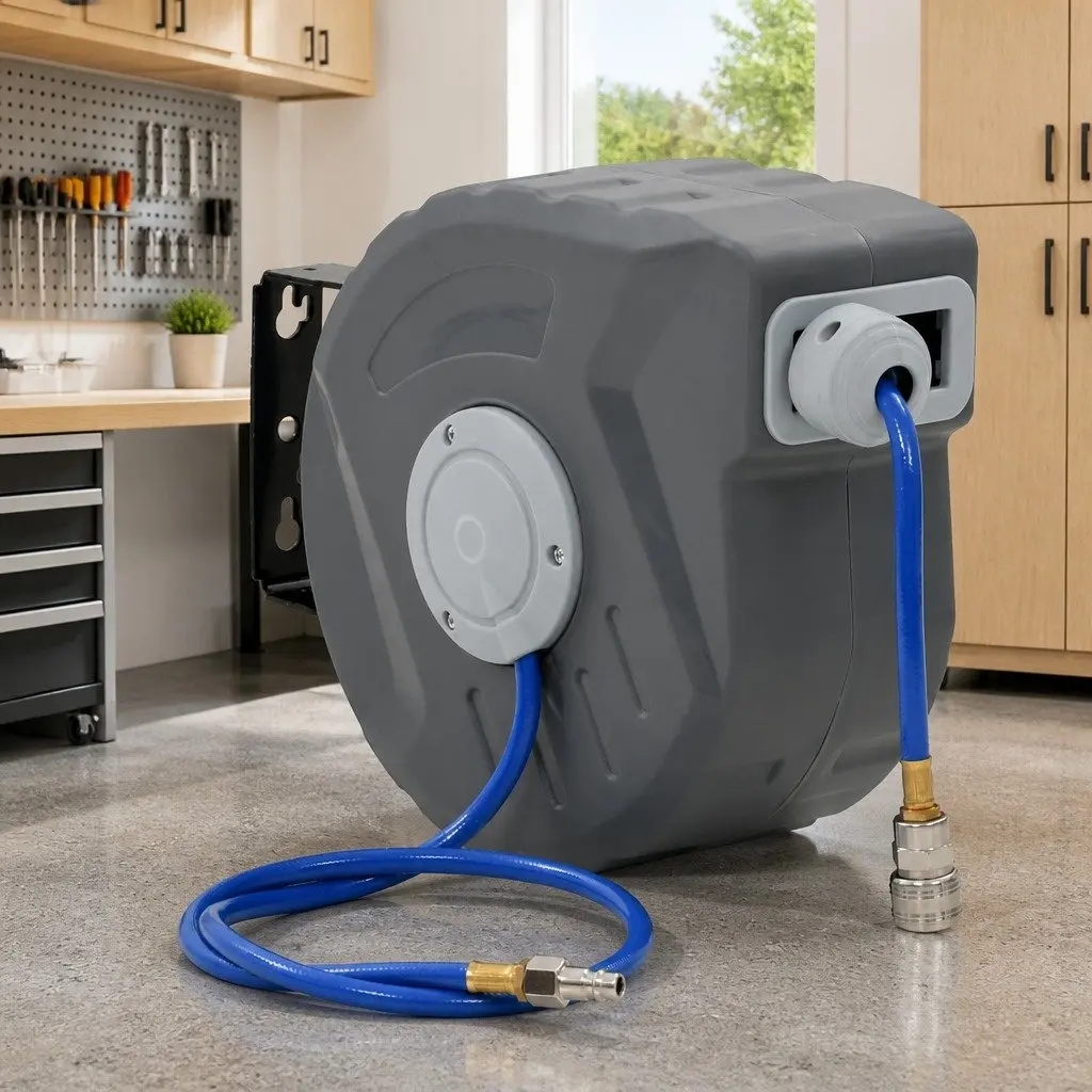 Retractable Air Hose Reel Grey 12m 1/4 Inch Pneumatic Tool Automatic for Garage
