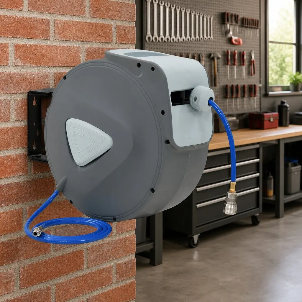 Air Hose Reel Automatic Grey 30m 1/4" with Latching Mechanism for Pneumatic Workshop Use