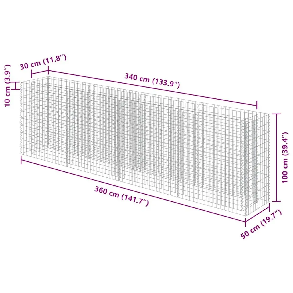 Gabion Planter Box Raised Garden Bed Silver Galvanised Steel 100cm Height 360cm Length 50cm Width