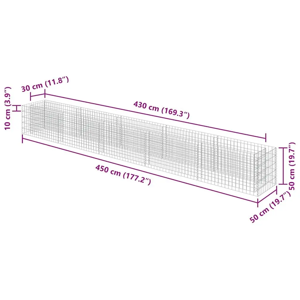 Gabion Planter Bed Galvanised Steel 450x50x50cm Silver Weather Resistant for Flowers and Plants