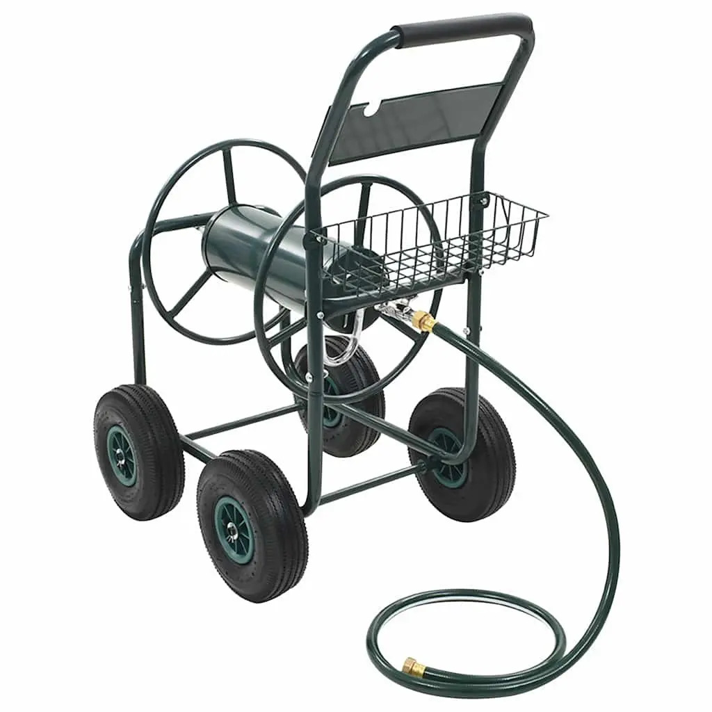 Garden Hose Reel Trolley Cart Steel Green 75m with Co-rotating Organiser and 1/2" Connector for Easy Storage and Transport