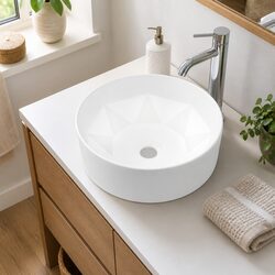 Ceramic Wash Basin 36x14 cm Round Diamond Design White Bathroom Sink Vessel