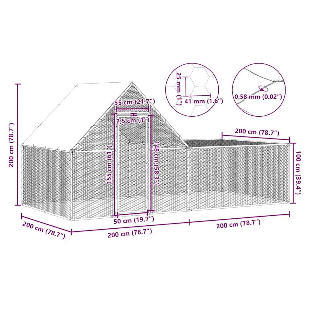 Chicken Coop Galvanised Steel Silver 4x2x2m Garden Poultry House Run Enclosure